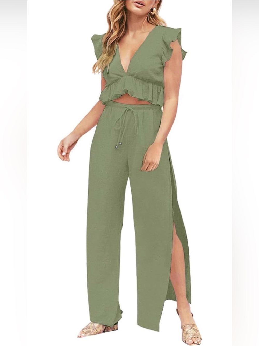Amazon Olive Green Ruffle Crop Top and Wide-Leg Pants Set w/ Slits